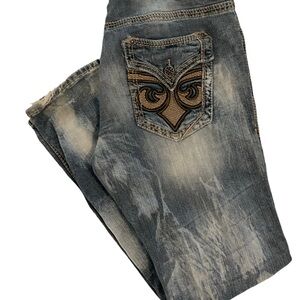 Affliction Blue Relaxed Jeans with Distressed Details and Embellishments